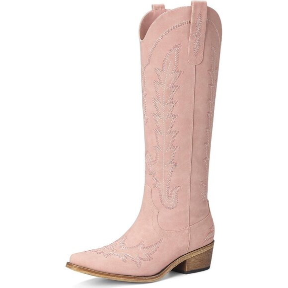 ⚡ Women Pink Polyurethane Knee High Pointed Toe Chunky Heel Cowgirl Boots - Picture 1 of 5